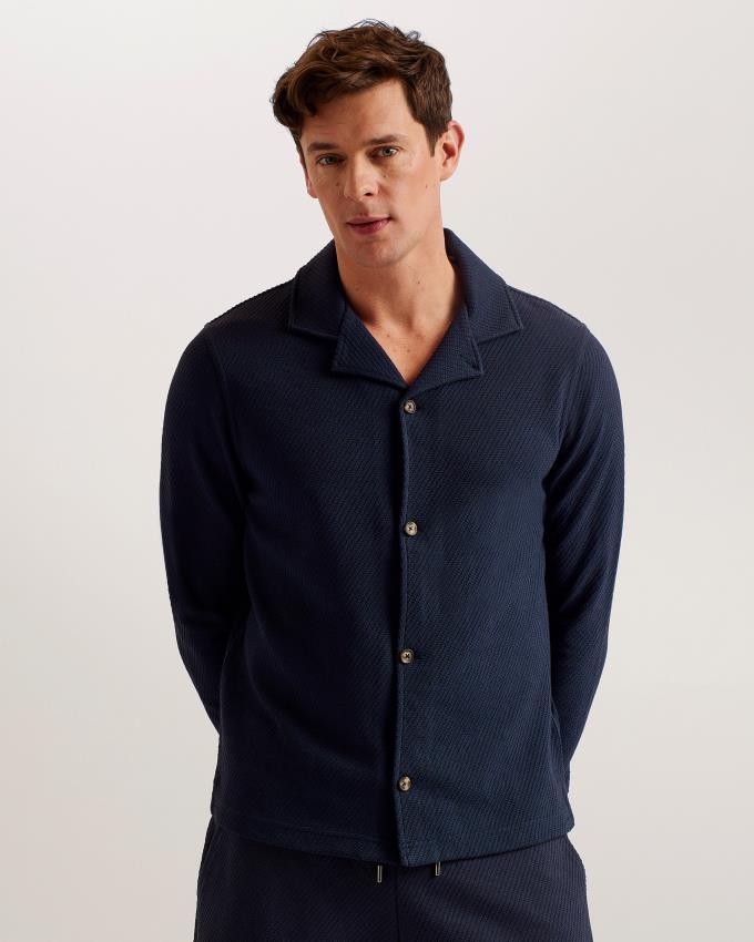 Chemises Ted Baker Long Sleeve Textured Jersey Bleu Marine Homme | TEC-56962800